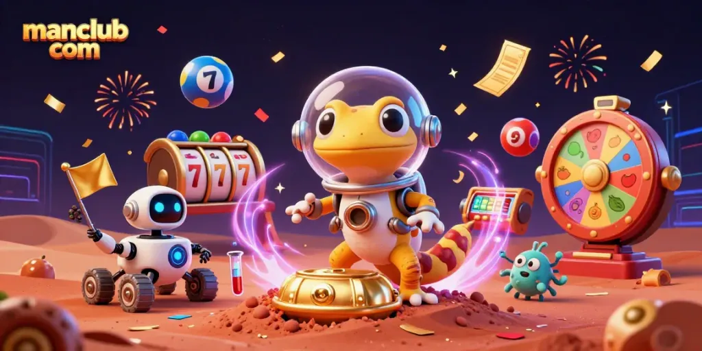 Engage with the exciting world of manclub com, featuring a Martian gecko discovering a golden casino amidst dynamic lottery challenges.