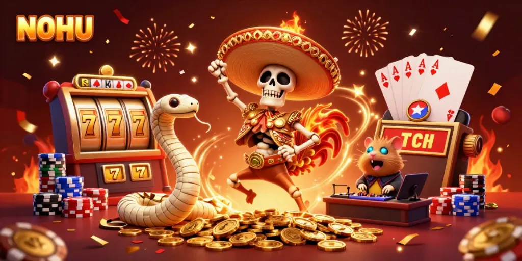 Experience the thrilling jackpot excitement at NOHU with vibrant slot reels and animated characters.