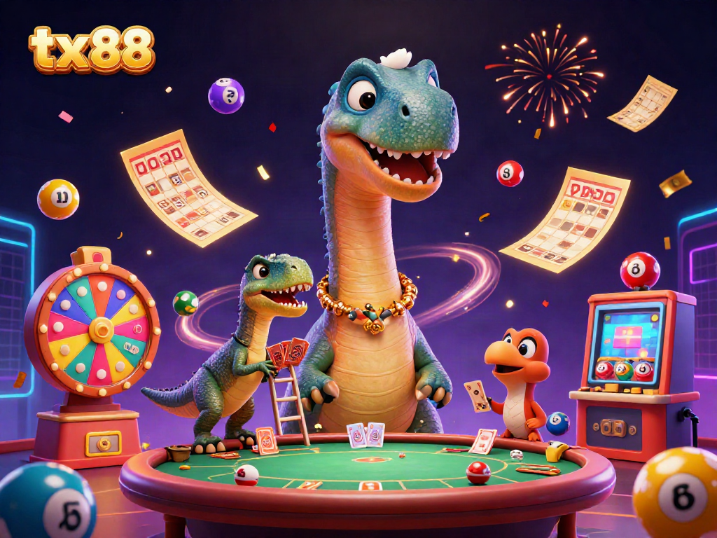 Experience the vibrant tx 88 casino world featuring a giant brontosaurus and clever raptor dealing cards amidst playful lottery elements.
