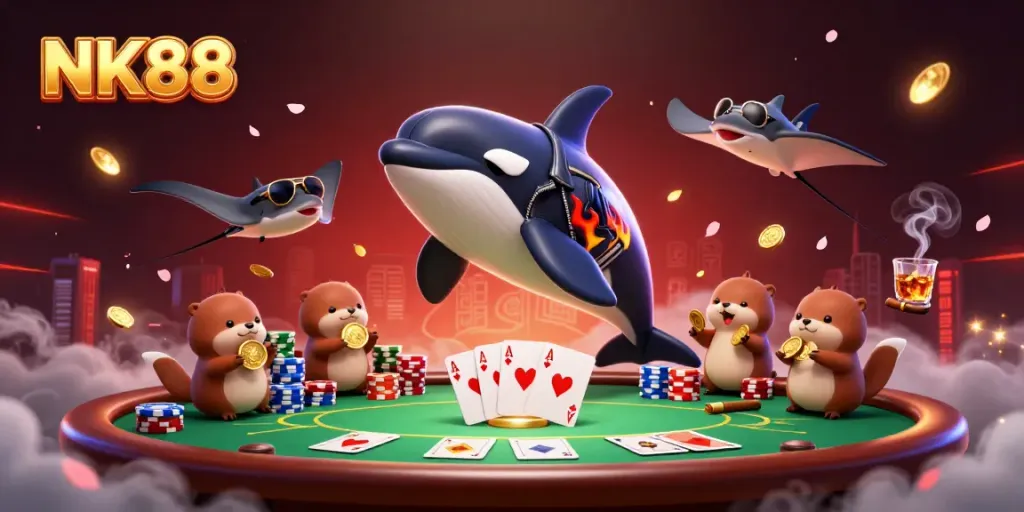 Join the fun at NK88 with an orca in leather, stingray, and otters in a vibrant casino scene.