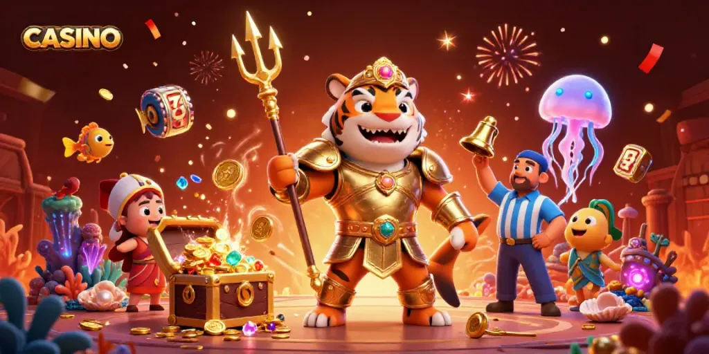 Engage in exciting CASINO gameplay with a fierce shark gladiator amidst vibrant 3D elements.