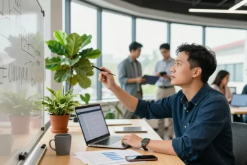 Entrepreneur in a co-working space discussing best payment gateway for business startup with colleagues and tech tools.